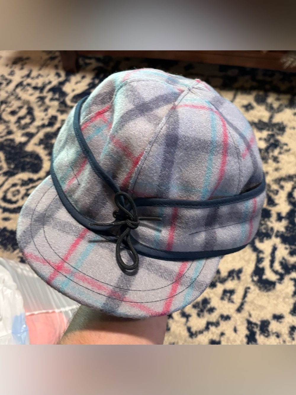Woman’s  Winter Hat in Light Gray with Pink & Blue Stripes